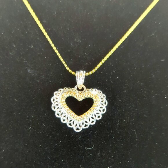 Vintage 925 Sterling Silver Two Toned Open Heart Shaped Pendant Necklace - Picture 2 of 6
